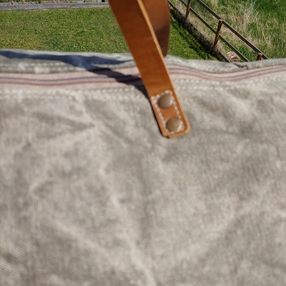 Vintage Canvas Duffel Bag with Leather Accents - Gray